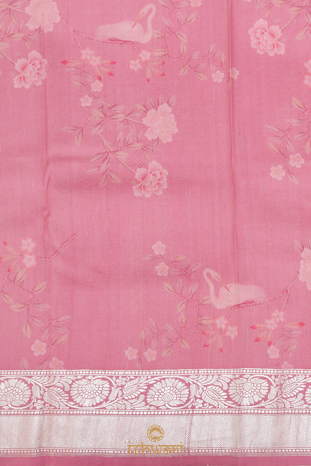 Carnation Pink Floral Print Banarasi Tussar Saree