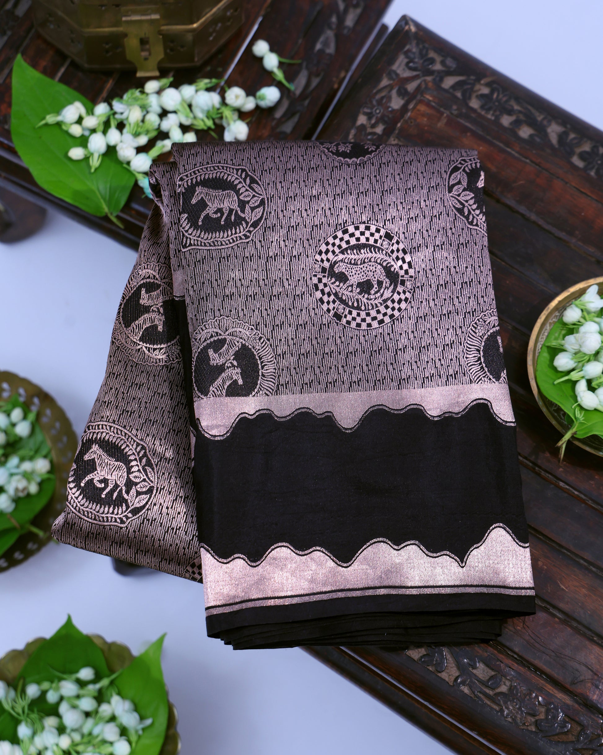 Black Banarasi Silk Saree with Shikargah Motifs