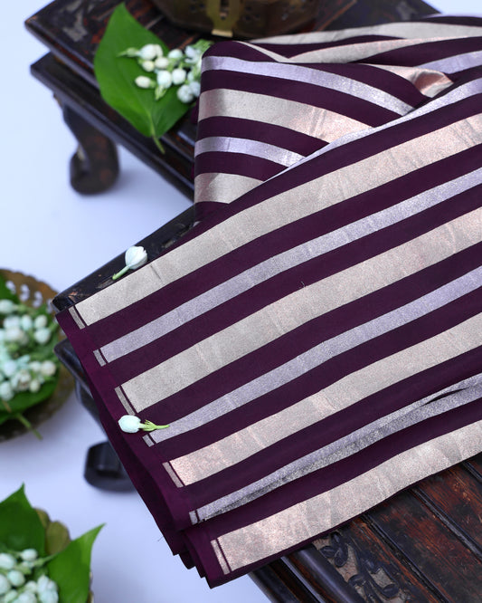Wine Purple Banarasi Silk with Gold & Silver Stripes