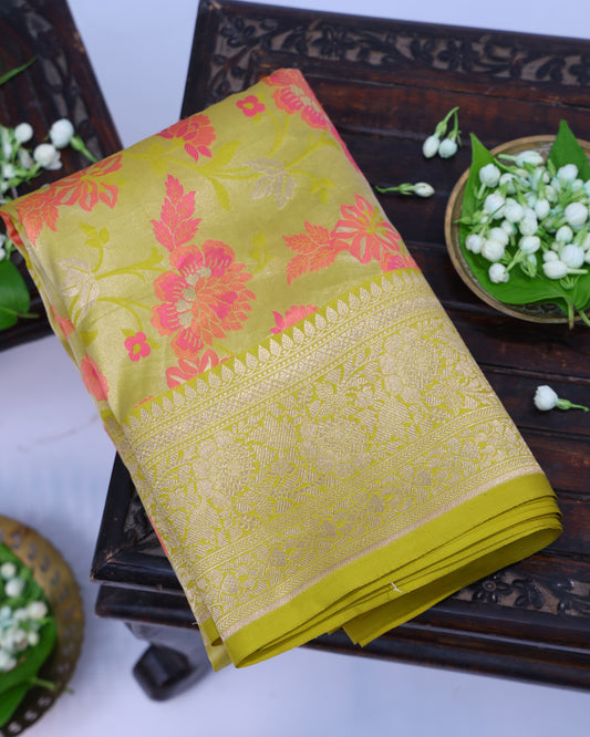Citrine Yellow Kadhwa Floral Banarasi Silk Saree
