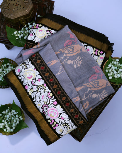Grey Ikkat Silk Saree with Petite Point Border
