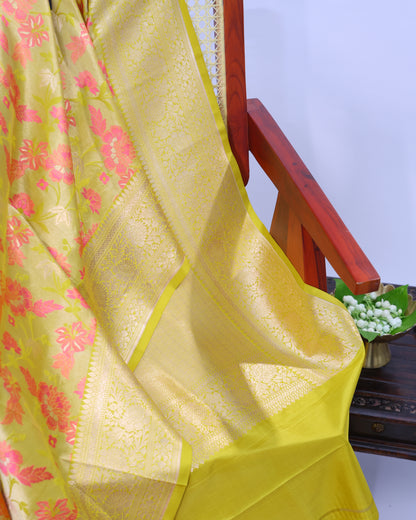 Citrine Yellow Kadhwa Floral Banarasi Silk Saree