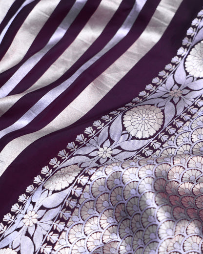 Wine Purple Banarasi Silk with Gold & Silver Stripes
