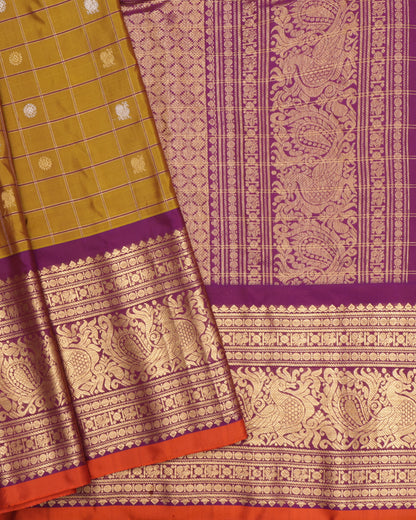 Mustard Gadwal Silk Saree with Checked Body and Purple Kanchi Zari Border
