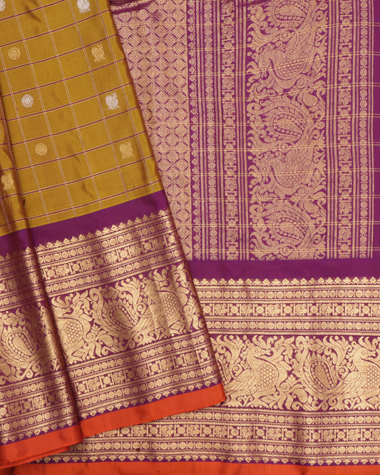 Mustard Gadwal Silk Saree with Checked Body and Purple Kanchi Zari Border
