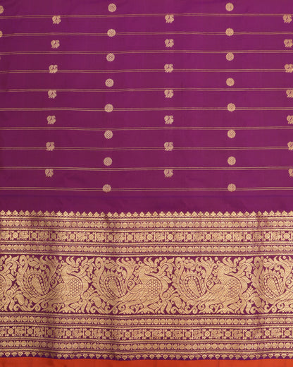 Handwoven Gadwal Silk Saree in Mustard with Gold Buttas and Contrast Purple Pallu