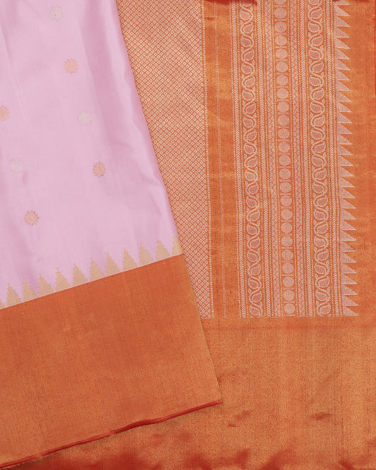 Soft pink Gadwal silk saree with orange tissue Kanchi border

