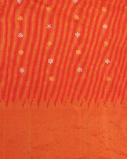 Gadwal silk saree in green with contrast orange zari weave