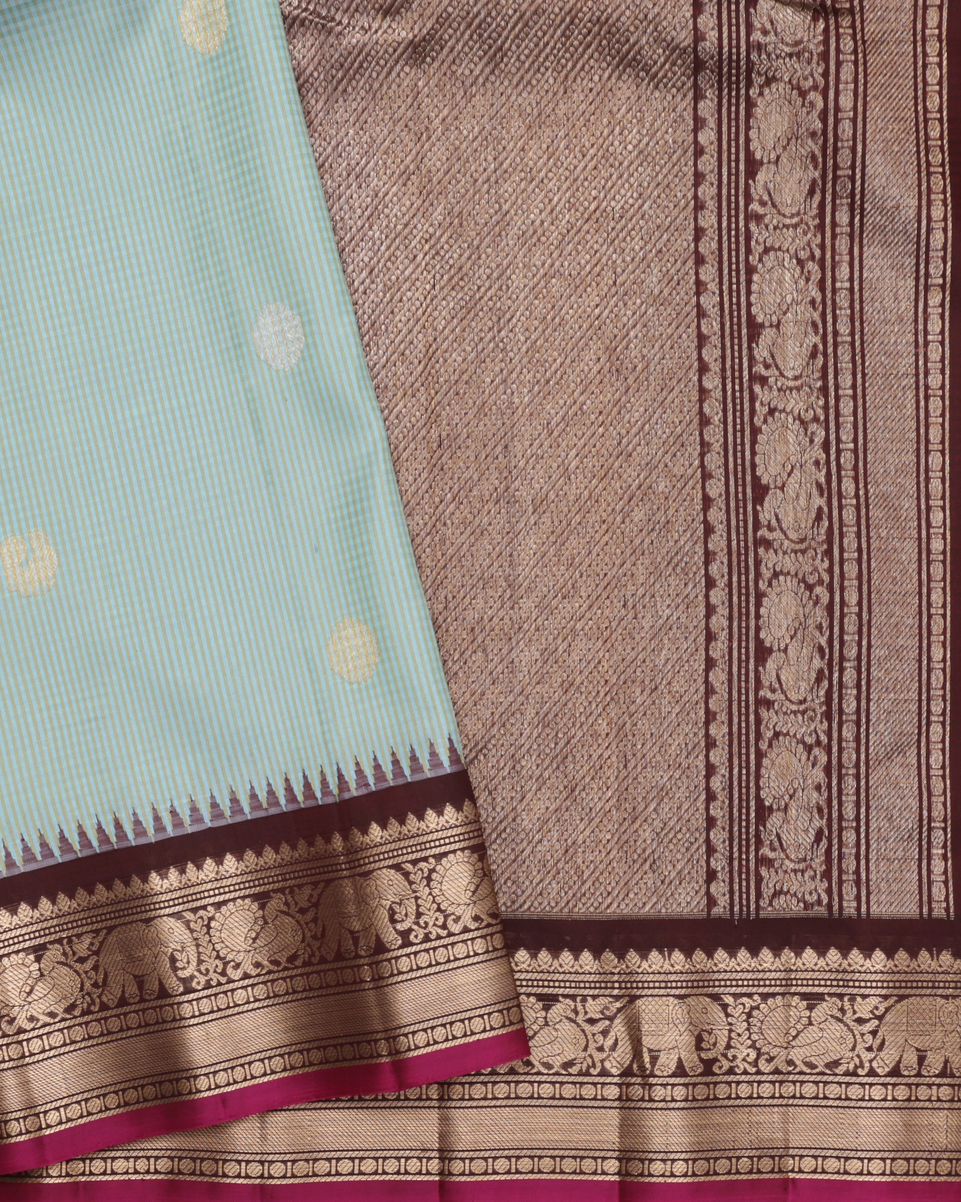 Sea green Gadwal silk saree with coffee brown zari border