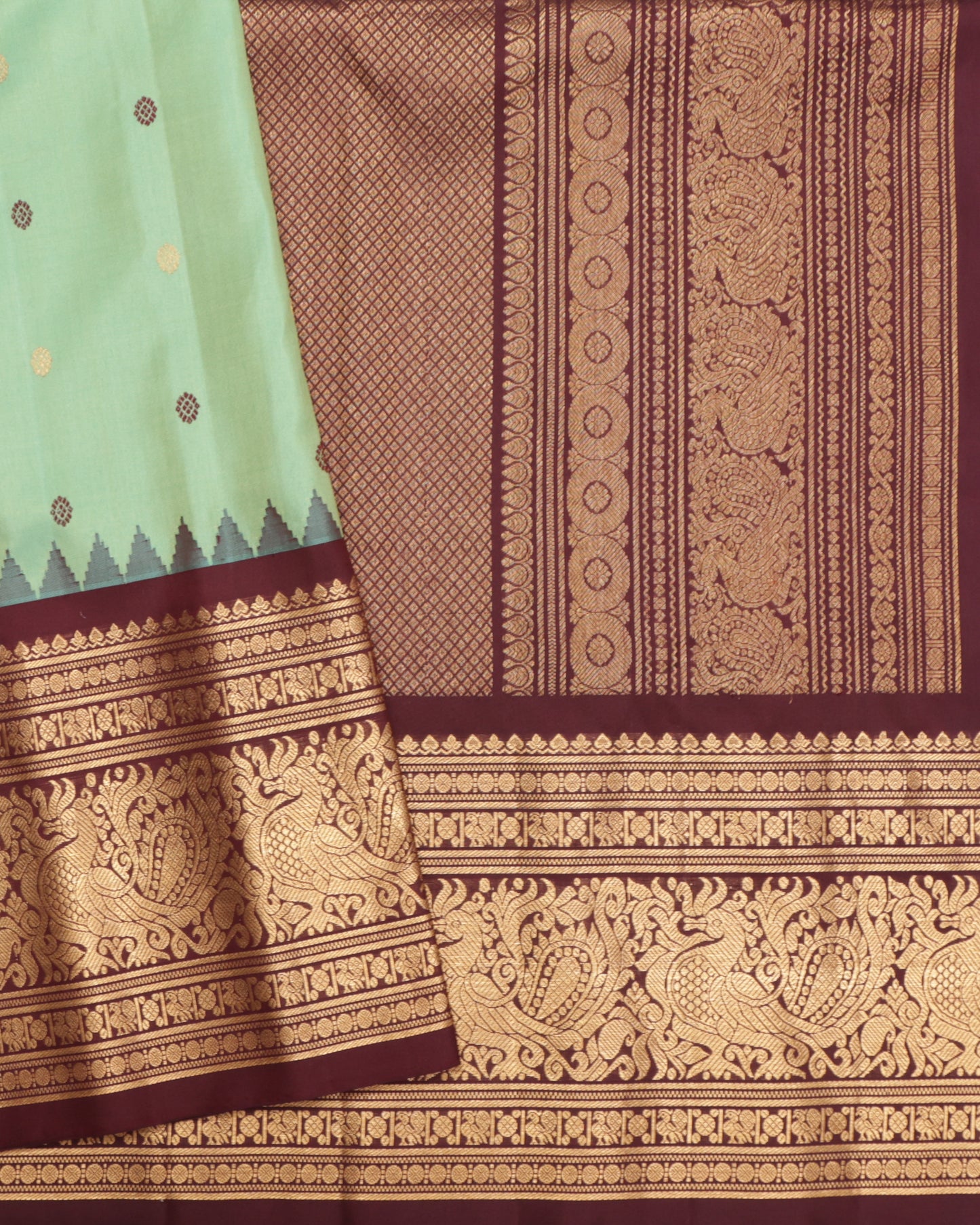 Aqua green Gadwal silk saree with coffee brown border