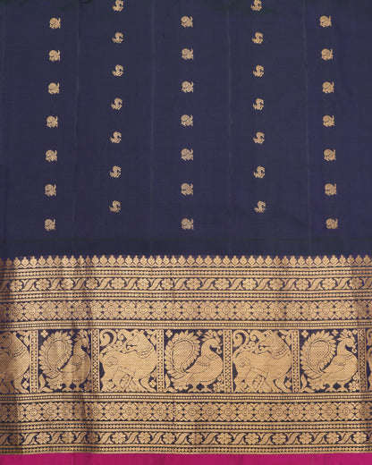 Gadwal silk saree in coral with gold zari buttas and blue border