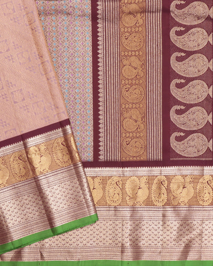 Light peach Gadwal silk saree with maroon border and green selvedge