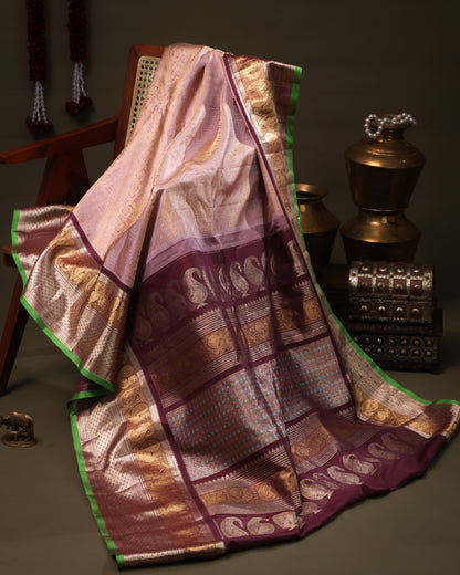 Traditional Gadwal saree with peach body and maroon pallu