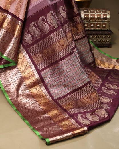 Handwoven peach Gadwal silk saree with maroon and green accents