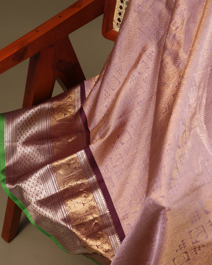 Light Peach Brocade Gadwal Silk Saree with Maroon Border and Green Selvedge