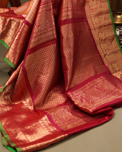  Traditional Gadwal silk saree with peach body and zari pallu