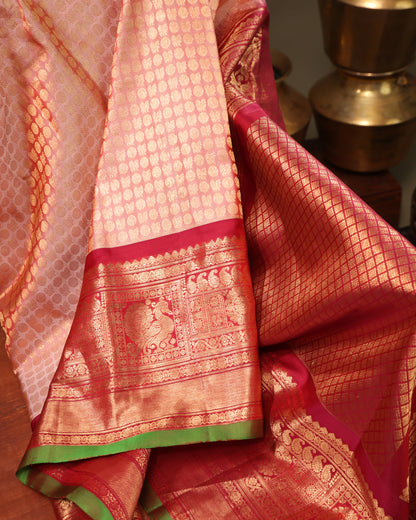 Peach Brocade Gadwal Silk Saree with Vermilion Zari Border and Green Selvedge