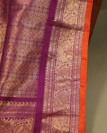  Traditional aqua blue silk saree with zari border and orange selvedge