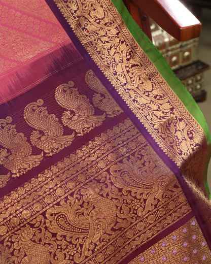 Pink Gadwal Silk Saree with Purple Zari Border and Green Selvedge
