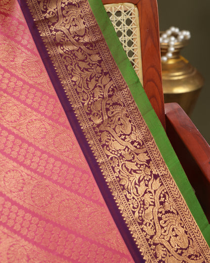 Pink Gadwal Silk Saree with Purple Zari Border and Green Selvedge