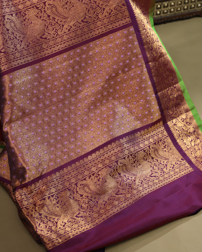 Pink Gadwal Silk Saree with Purple Zari Border and Green Selvedge