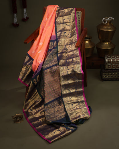 Coral saree with navy blue contrast border and pink selvedge