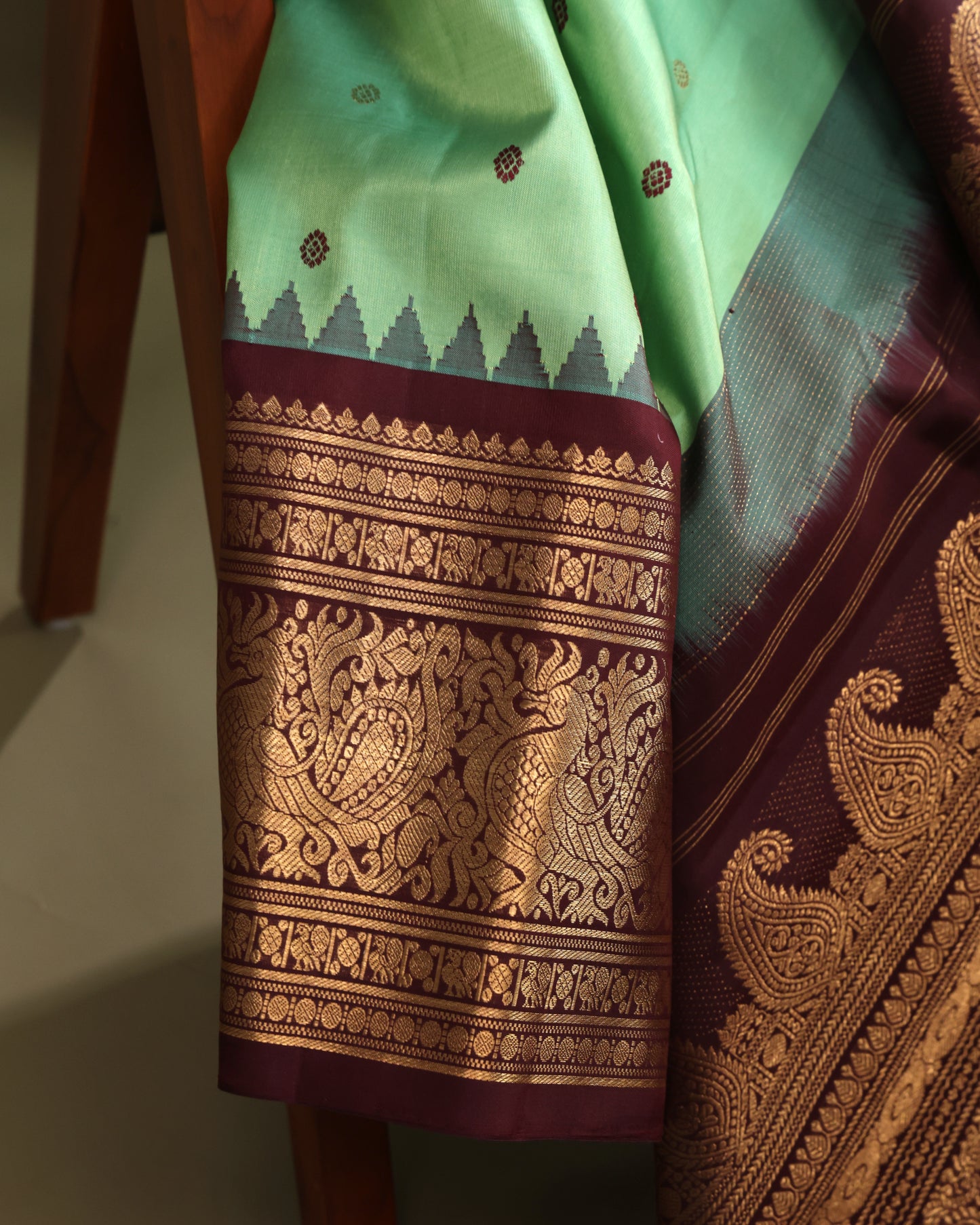 Gadwal silk saree for weddings in aqua green and brown
