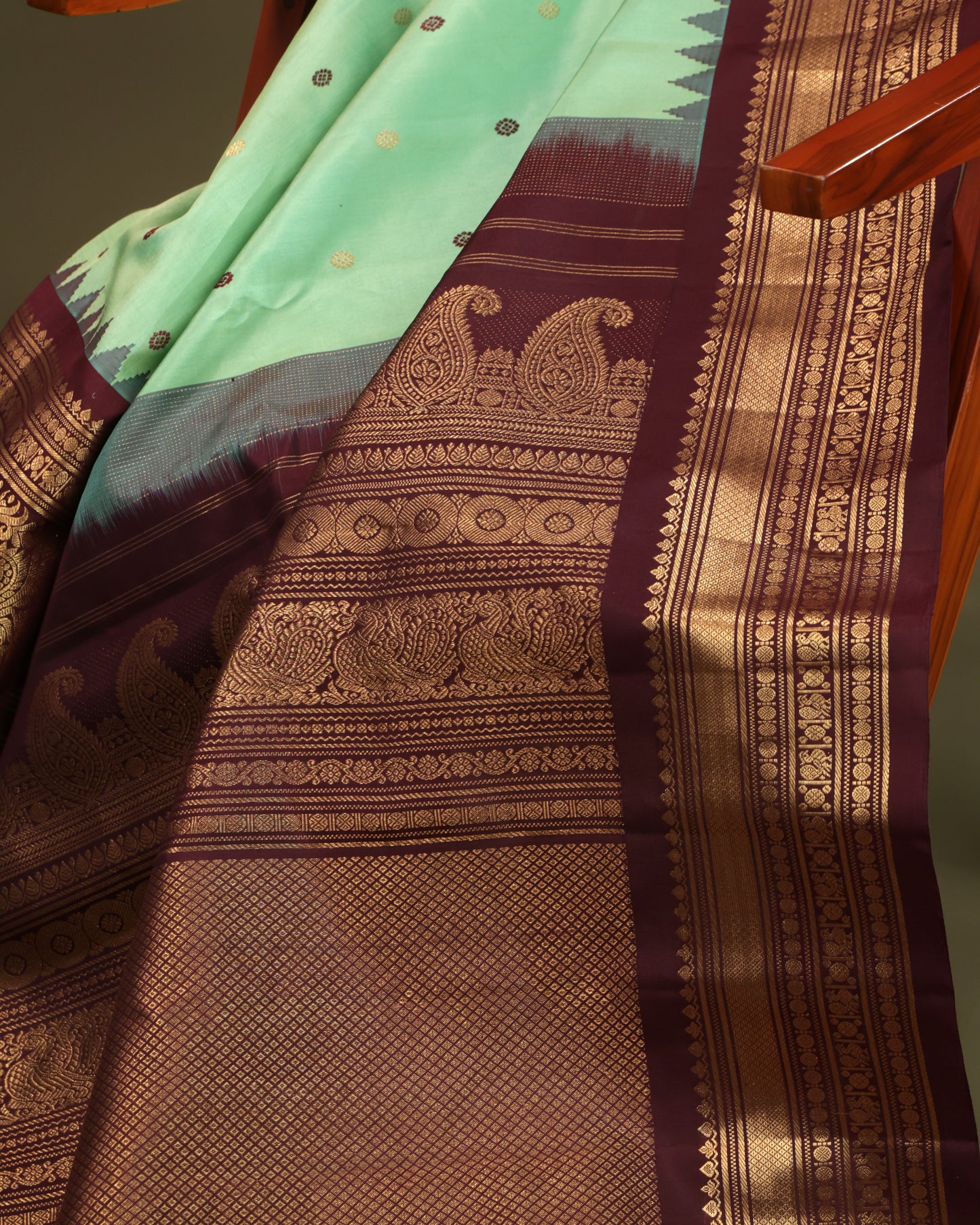 Aqua Green Gadwal Silk Saree with Coffee Brown Border and Zari Weave