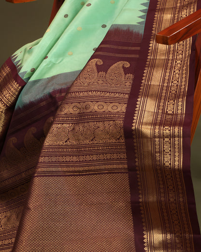 Aqua Green Gadwal Silk Saree with Coffee Brown Border and Zari Weave