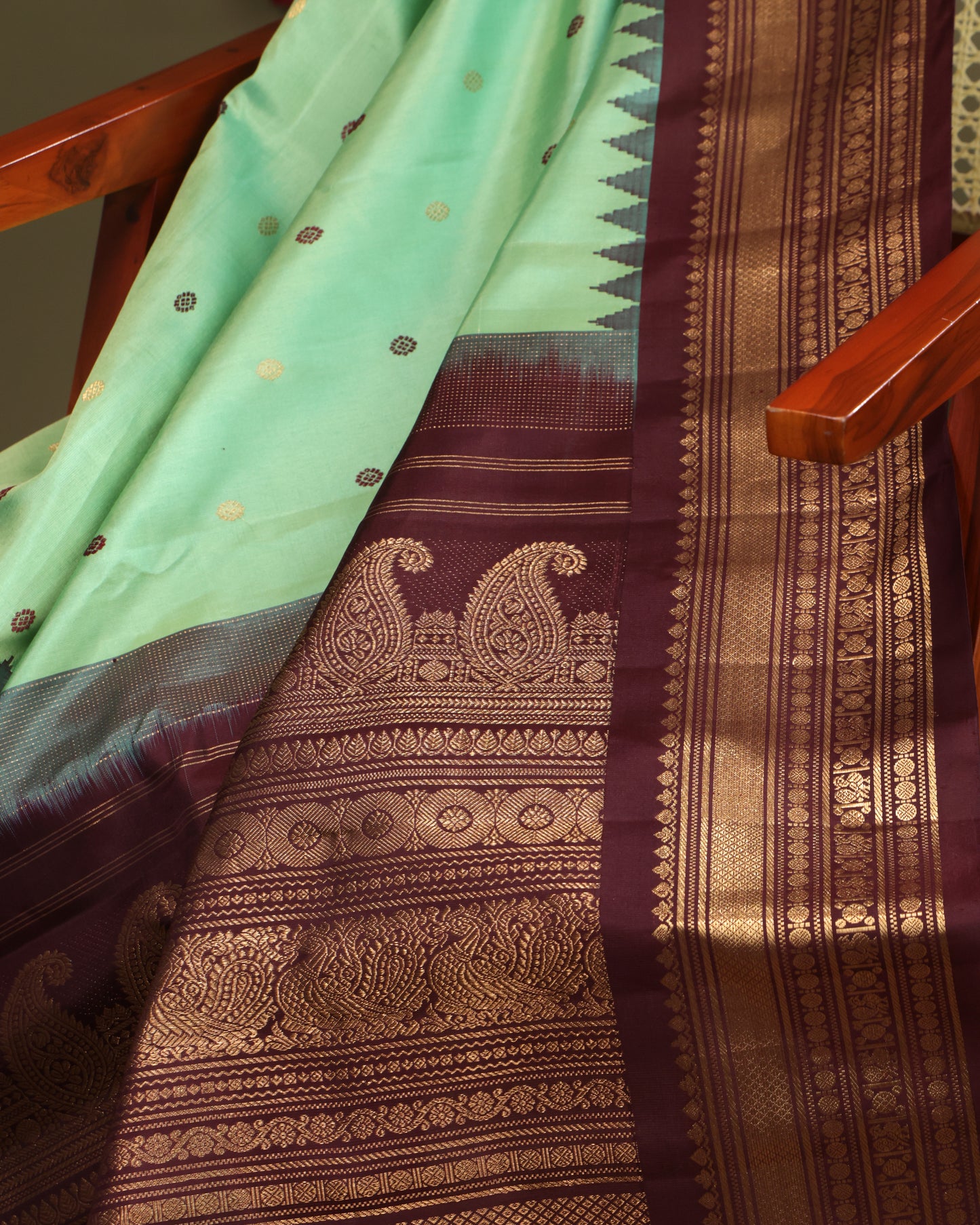 Aqua Green Gadwal Silk Saree with Coffee Brown Border and Zari Weave