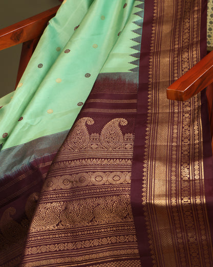 Aqua Green Gadwal Silk Saree with Coffee Brown Border and Zari Weave