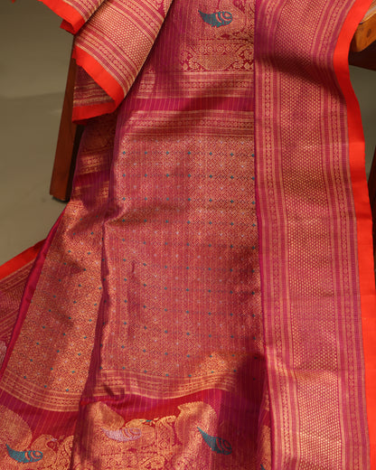 Red Gadwal Silk Saree with Elephant & Peacock Zari Motifs and Contrast Orange Blouse