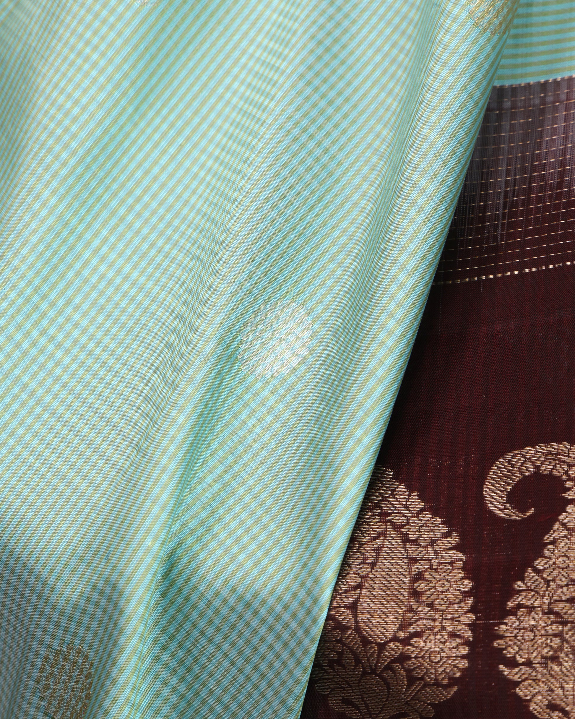 Wedding wear Gadwal silk saree in sea green and brown contrast
