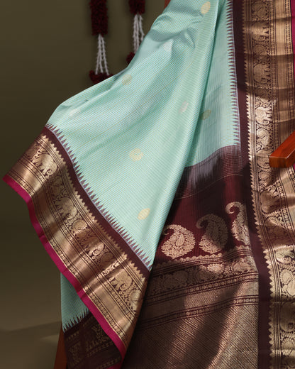 Sea Green Gadwal Silk Saree with Coffee Brown Zari Border
