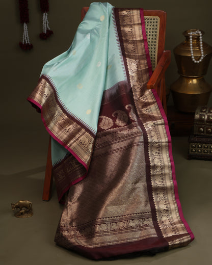 Sea Green Gadwal Silk Saree with Coffee Brown Zari Border