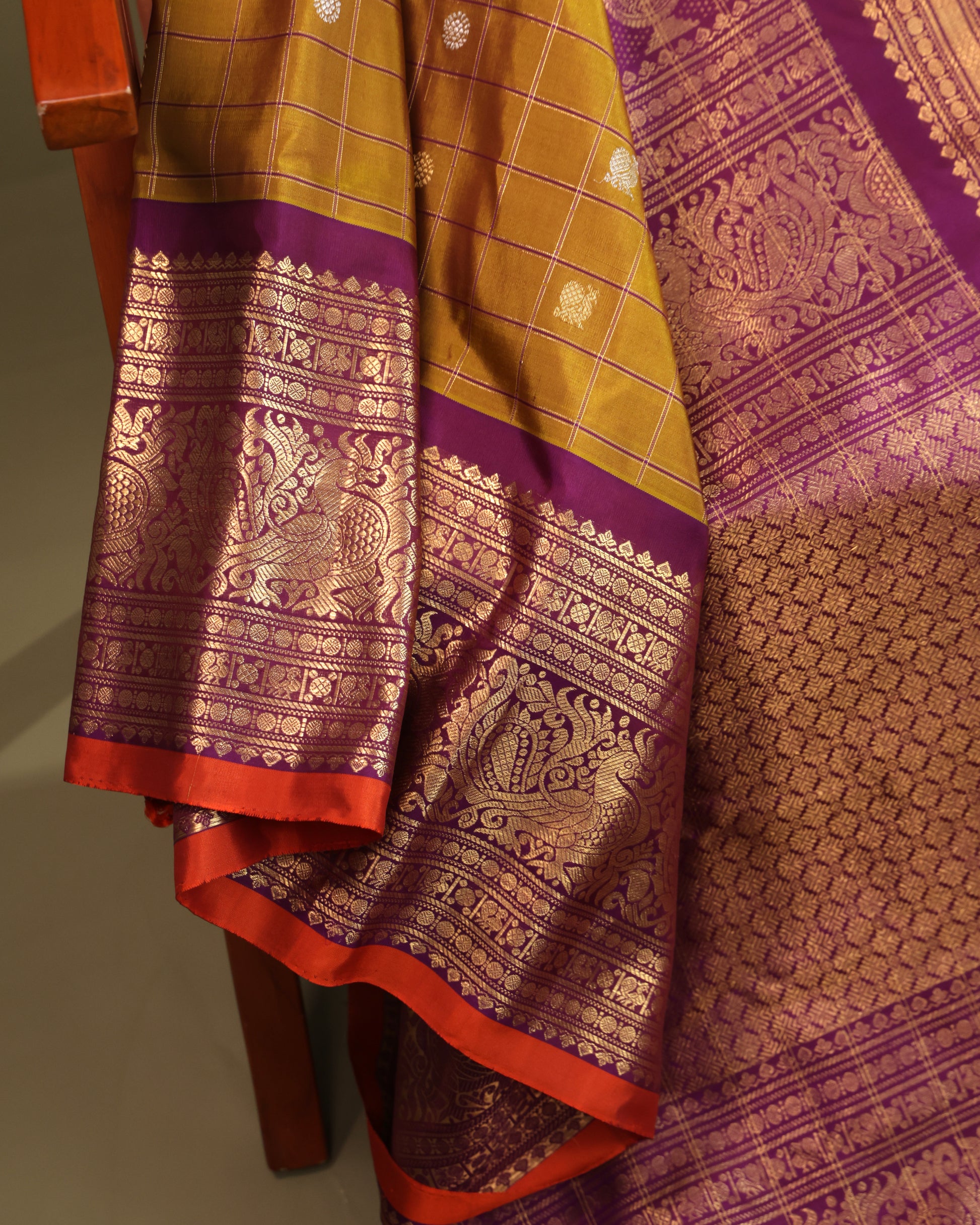 Mustard Yellow Gadwal Saree Featuring Checked Weave and Silver-Gold Buttas