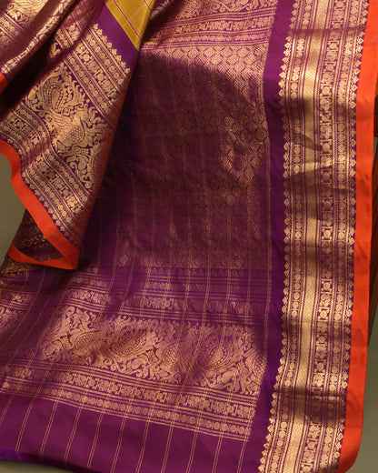 Elegant Gadwal Saree with Mustard Body and Rich Purple Kanchi Zari Pallu