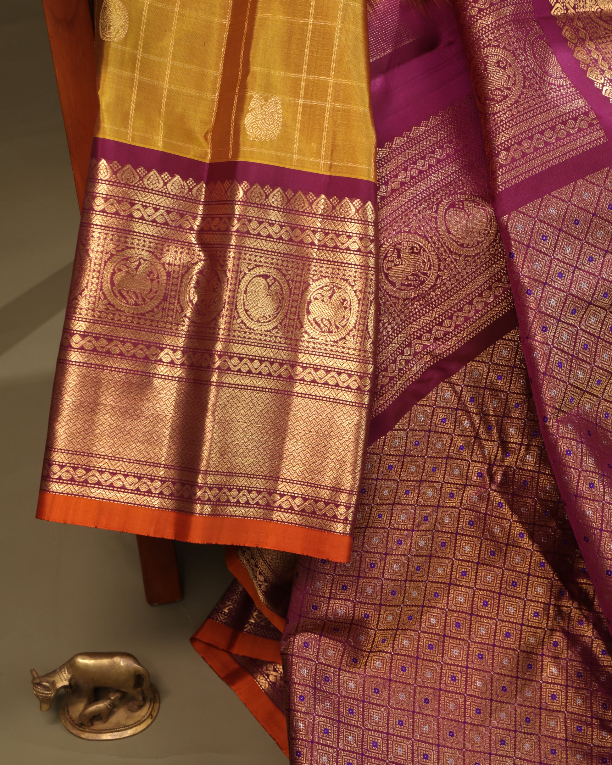 South Indian Silk Saree with Mustard Body and Intricate Kanchi Weaving