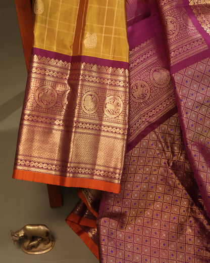South Indian Silk Saree with Mustard Body and Intricate Kanchi Weaving