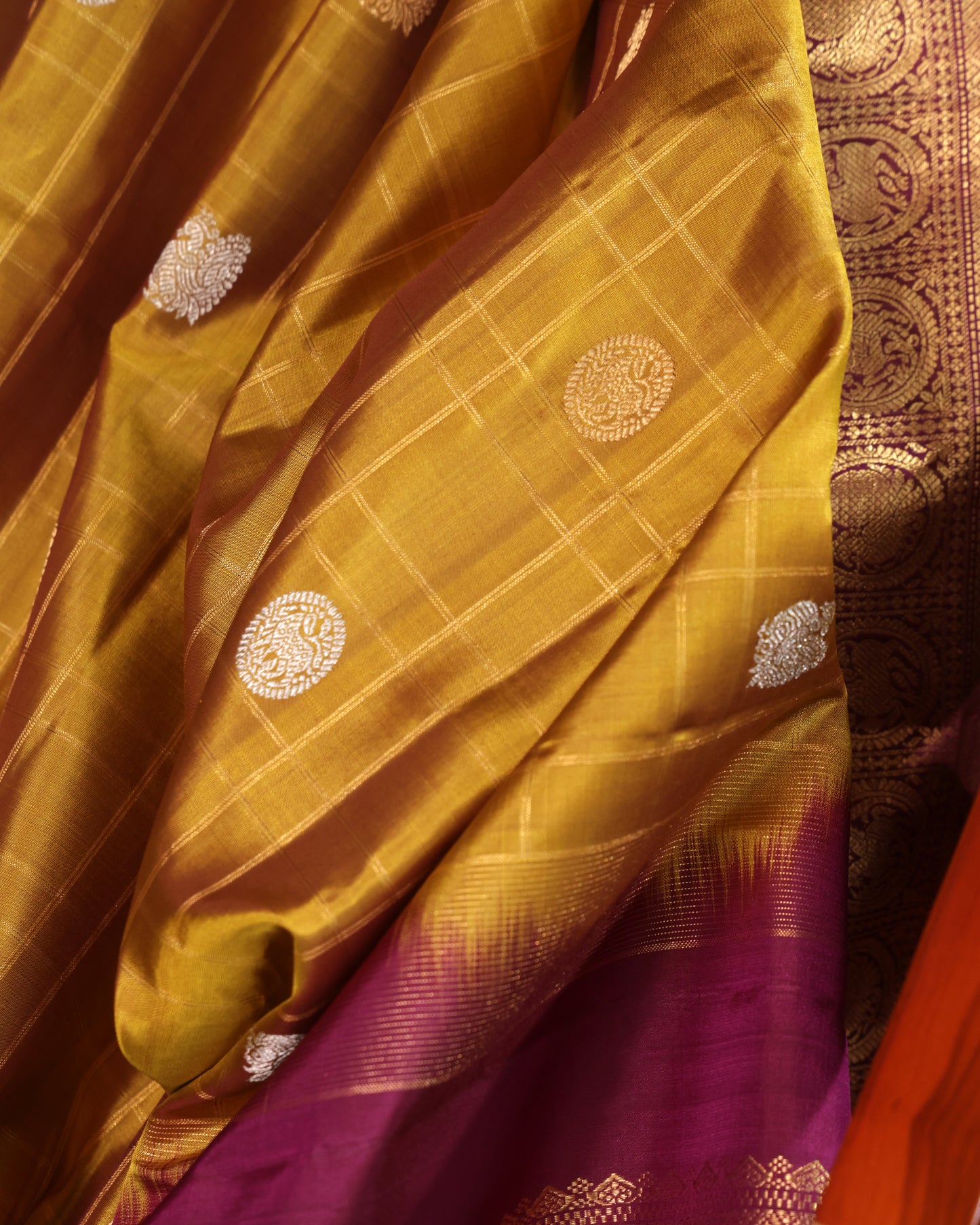 Mustard Yellow Gadwal Silk Saree with Purple Kanchi Border and Traditional Motifs