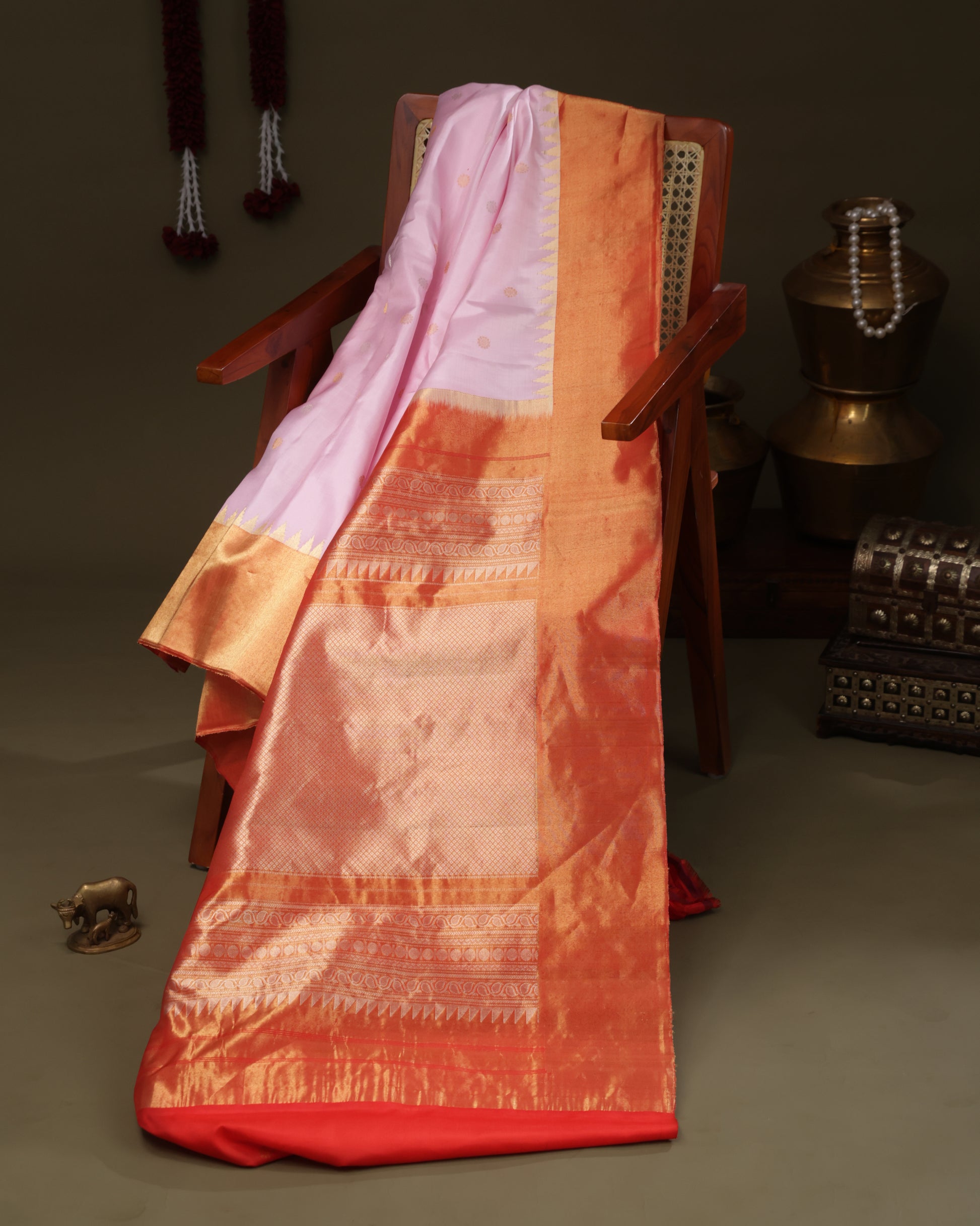  Pink Gadwal saree featuring zari buttas and orange tissue weave