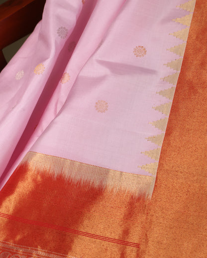 Gadwal silk saree with pastel pink body and tissue Kanchi detailing