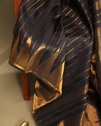 South Indian Black Saree with Elegant Gold Zari Detailing