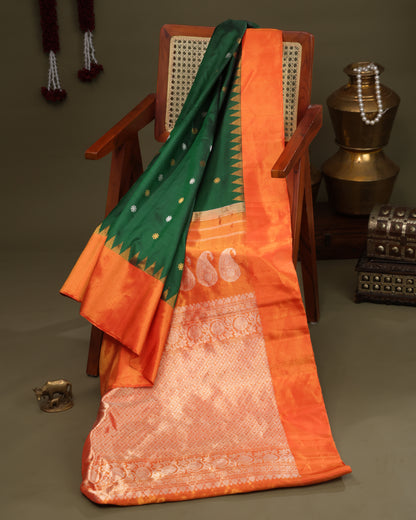Handwoven green Gadwal saree with zari buttas and tissue border