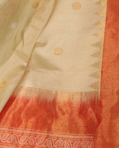 Traditional Gadwal saree with cream body and orange zari border