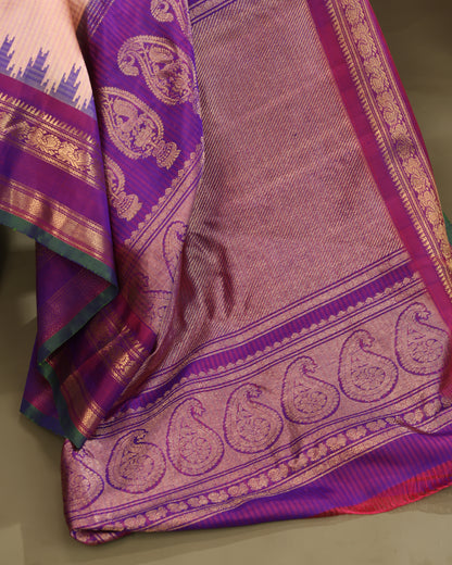 Zari butas and checks on peach Gadwal silk saree
