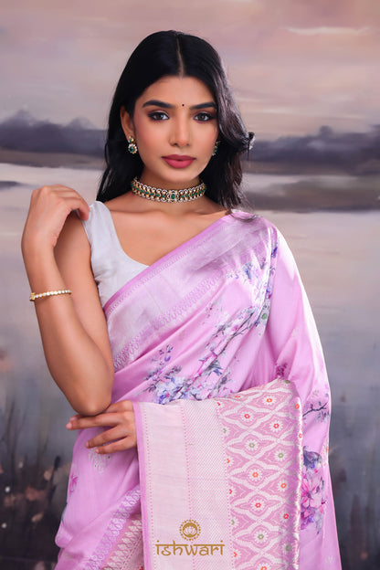 Lilac Floral Print Banarasi Silk Saree