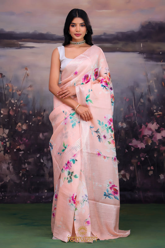 Peach Printed Sequin Handloom Bailu Saree