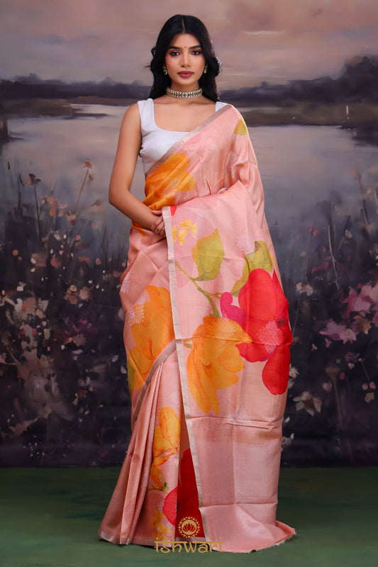 Heather Peach Digital Print Handloom Tussar Saree