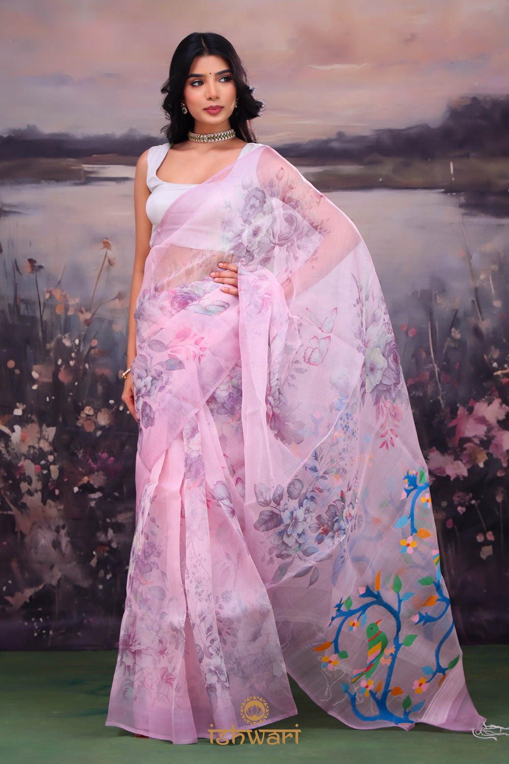 Pale Purple Jamdani Print Handloom Kora Cotton Saree